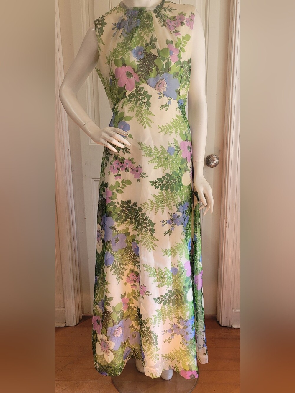 Vintage 70s Sheer Overlay Floral Lined Maxi Dress 14
